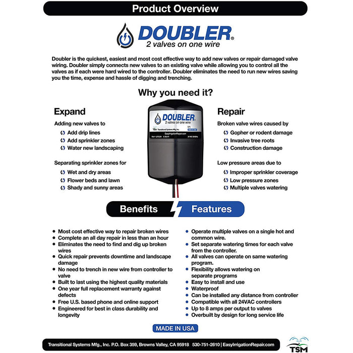 TSM, Inc. - DOUBLER - 2 Valves on One Wire / Expand or Repair Your Irrigation System with Ease
