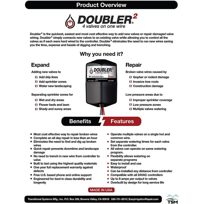 TSM, Inc. - DOUBLER2 - 4 Valves on One Wire / Expand or Repair Your Irrigation System with Ease
