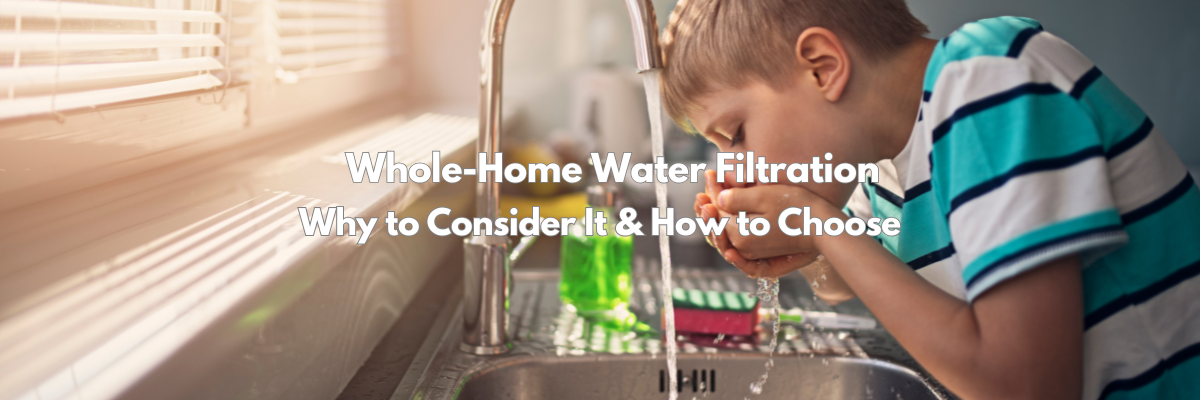Whole-Home Water Filtration a boy cupping water out of a kitchen faucet
