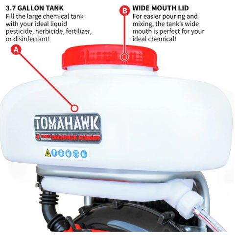 Tomahawk Power TMD14-ULV 3HP backpack fogger showing sprayer and blower equipment details