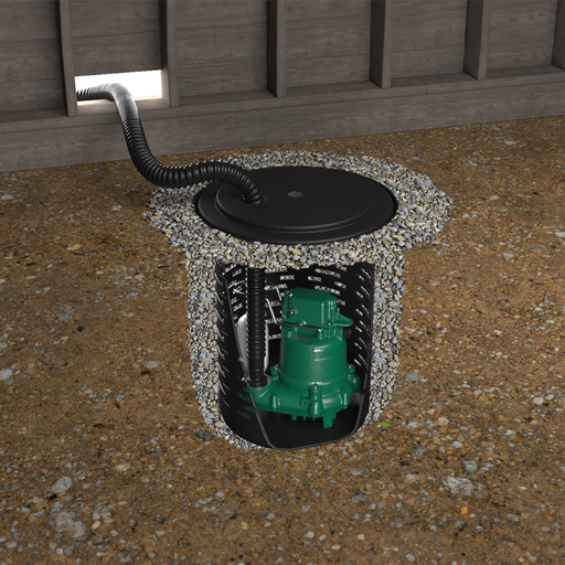 Sump pump system installed in a concrete floor with gravel around it.