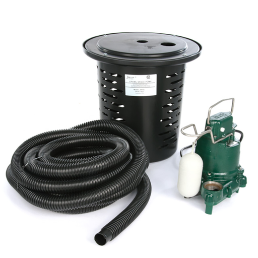 Pump system with black hose, filter housing, and green pump on a white background