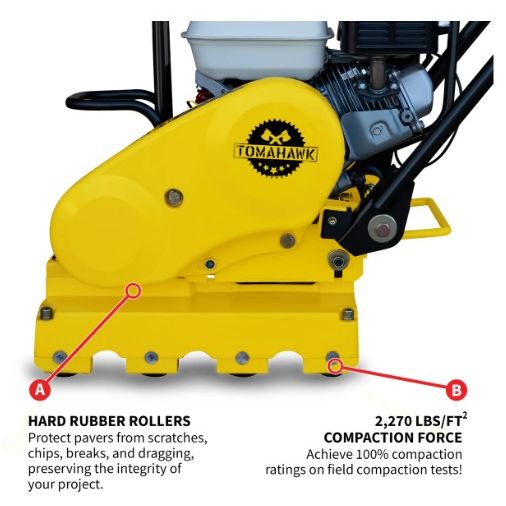 Tomahawk Power TPRC76H Honda paver compactor equipment view with handle and roller assembly
