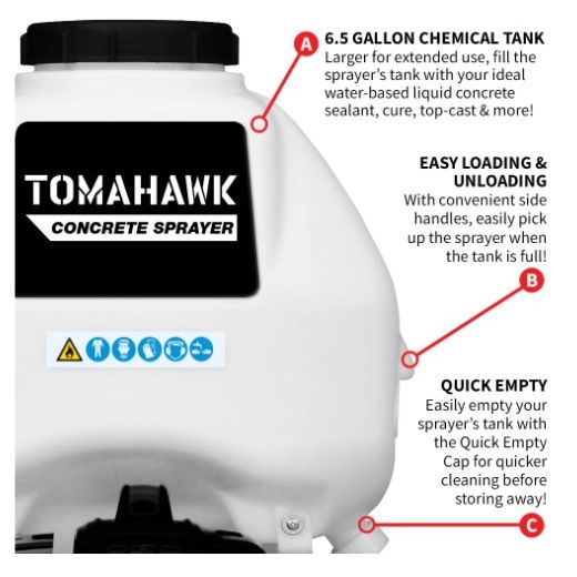 Tomahawk Power TCS6.5 backpack sprayer showing tank, engine, wand, and nozzle details