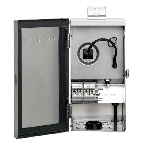 A Kohler electrical junction box with the door open, showing internal wiring, terminal blocks, and a mounting bracket on a white background.