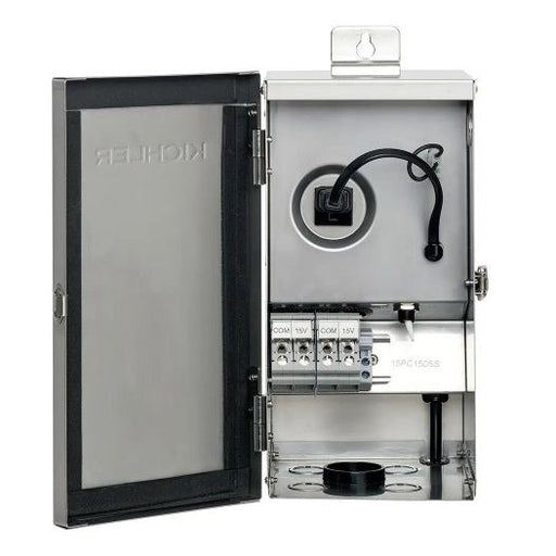 A Kohler electrical junction box with the door open, showing internal wiring, terminal blocks, and a mounting bracket on a white background.