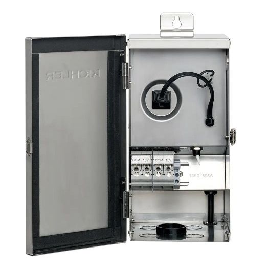 A Kohler electrical junction box with the door open, showing internal wiring, terminal blocks, and a mounting bracket on a white background.