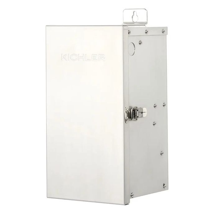 A Kichler stainless steel electrical enclosure with a front door, side panel, mounting bracket on top, and a latch closure mechanism, shown against a plain white background.