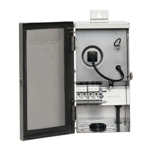 A Kihler electrical junction box with its door open, showing the internal metal cabinet, terminal blocks, and wiring components against a white background.