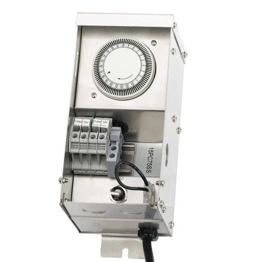 A silver metal timed electric outlet switch with a rotary dial, terminal blocks, and a black power cord, shown on a plain white background.