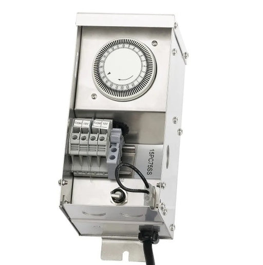 A silver metal timed electric outlet switch with a rotary dial, terminal blocks, and a black power cord, shown on a plain white background.