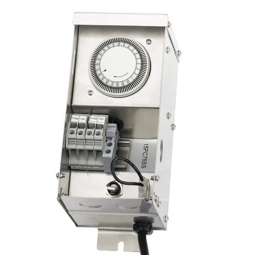 A silver metal timed electric outlet switch with a rotary dial, terminal blocks, and a black power cord, shown on a plain white background.