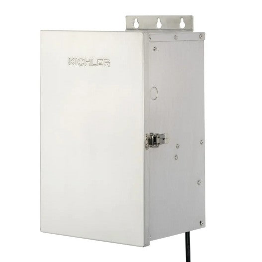 A Kichler outdoor electrical enclosure box in brushed silver aluminum, featuring a front door with a latch, a mounting bracket on top, and a black cable coming out the bottom right, shown on a white background.