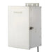 A Kichler outdoor electrical enclosure box in brushed silver aluminum, featuring a front door with a latch, a mounting bracket on top, and a black cable coming out the bottom right, shown on a white background.