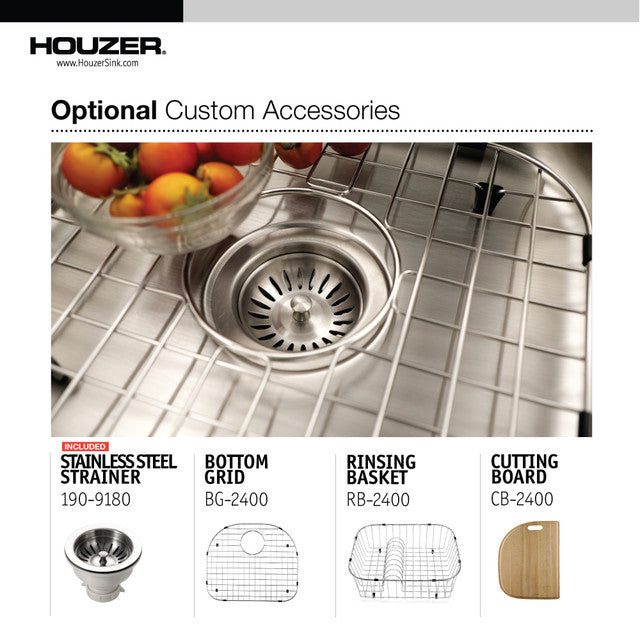 Houzer Medallion Series 24" Stainless Steel Undermount Single D Bowl Kitchen Sink, includes Basket Strainer