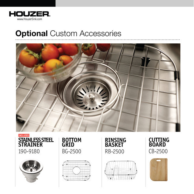 Houzer Elite Series 24" Stainless Steel Undermount Single Bowl Kitchen Sink includes Basket Strainer