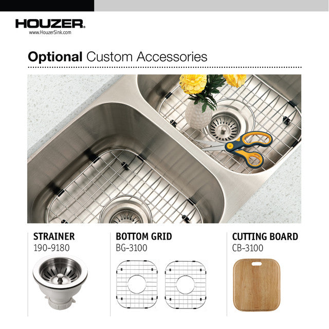 Houzer Eston Series 31" Stainless Steel Undermount 50/50 Double Bowl Kitchen Sink includes Basket Strainer