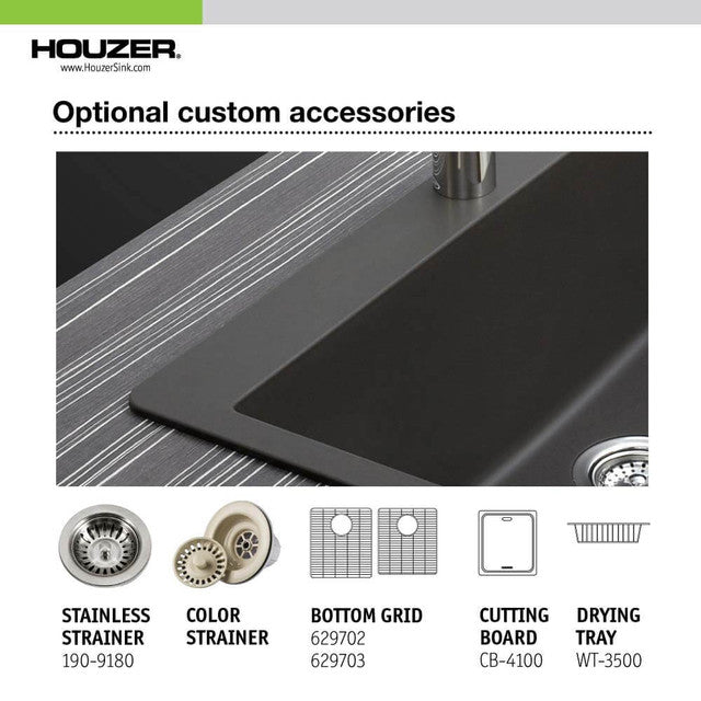 Houzer Quartztone Series 33" Granite Composite Undermount 60/40 Double Bowl Kitchen Sink, M-175U SLATE