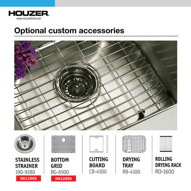 Houzer Nouvelle Series 31" Stainless Steel Undermount Single Bowl Kitchen Sink includes Basket Strainer