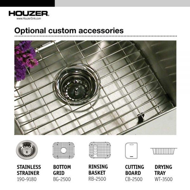 Houzer Glowtone Series 25" Stainless Steel Drop-in Topmount 4-hole Single Bowl Kitchen Sink with 8" Depth, includes Basket Strainer