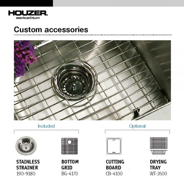 Houzer Savior Series 17" Stainless Steel Undermount Medium Bowl Kitchen Bar/Prep Sink includes Basket Strainer