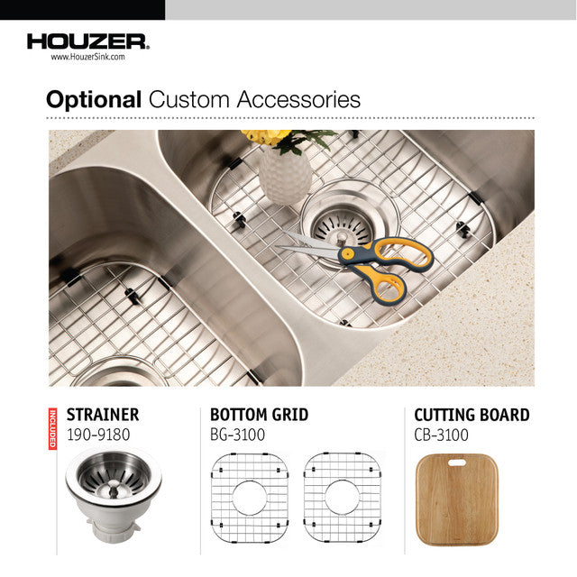 Houzer Elite Series 31" Stainless Steel Undermount 50/50 Double Bowl Kitchen Sink includes Basket Strainert