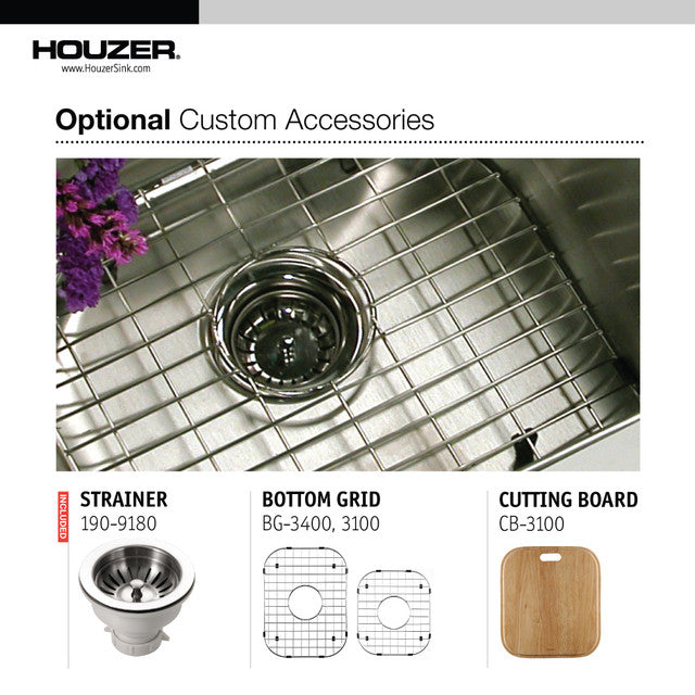 Houzer Elite Series 32" Stainless Steel Undermount 60/40 Double Bowl Kitchen Sink with Small Right Bowl