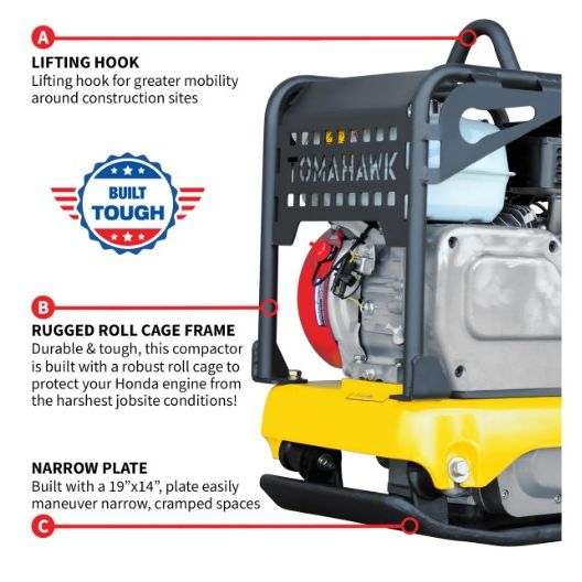 Tomahawk Power TPC100H Honda plate compactor equipment view with handle and base plate