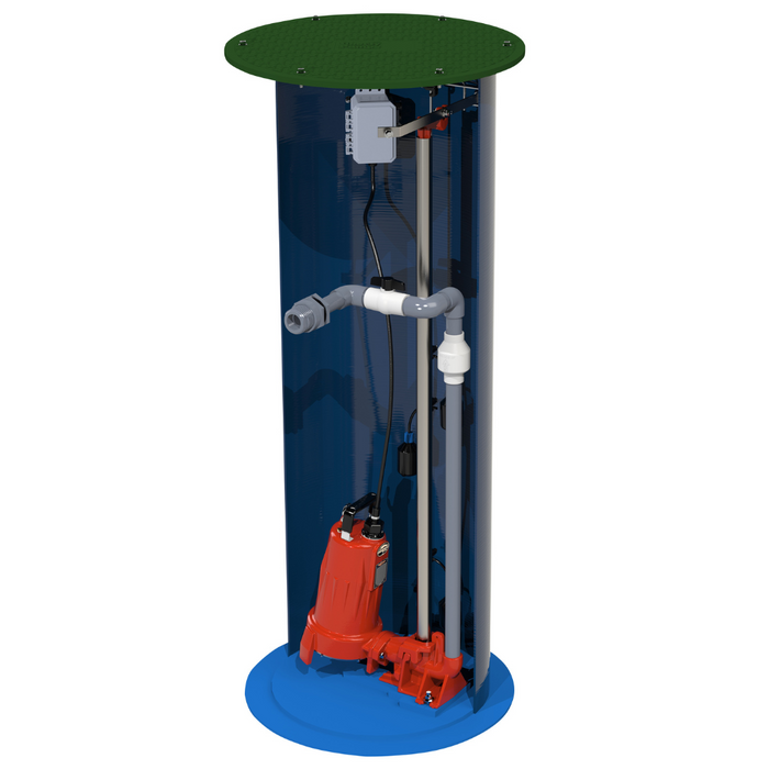 Pump system with green top, blue body, and red base on a white background