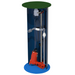 Pump system with green top, blue body, and red base on a white background