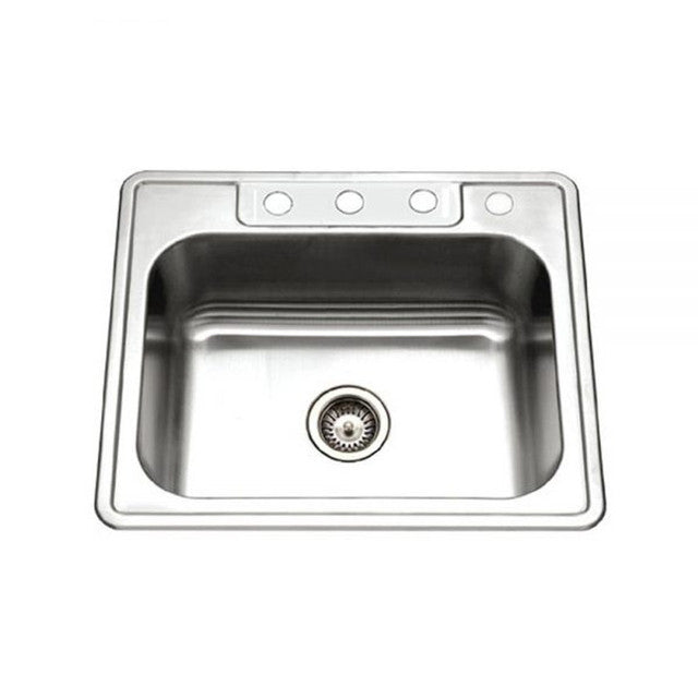 Houzer Glowtone Series 25" Stainless Steel Drop-in Topmount 4-hole Single Bowl Kitchen Sink with 8" Depth, includes Basket Strainer