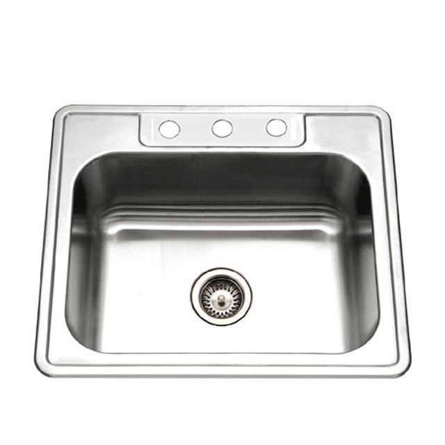 Houzer Glowtone Series 25" Stainless Steel Drop-in Topmount 3-hole Single Bowl Kitchen Sink with 9" Depth, includes Basket Strainer