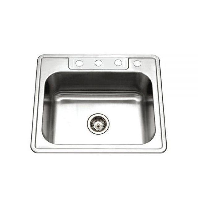 Houzer Glowtone Series 25" Stainless Steel Drop-in Topmount 4-hole Single Bowl Kitchen Sink with 9" Depth, includes Basket Strainer