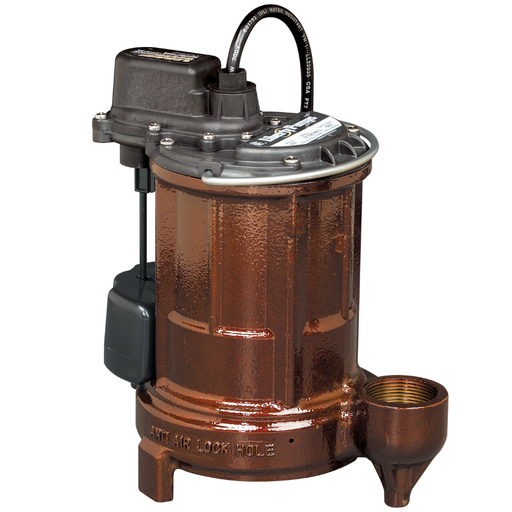 Cast Iron Copper color sump pump with black electrical components on a white background