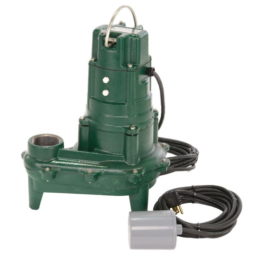 Green submersible pump with power cord on a white background