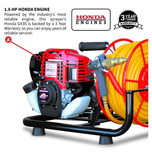 Tomahawk Power Honda powered skid sprayer with irrigation rod attachment and hose assembly