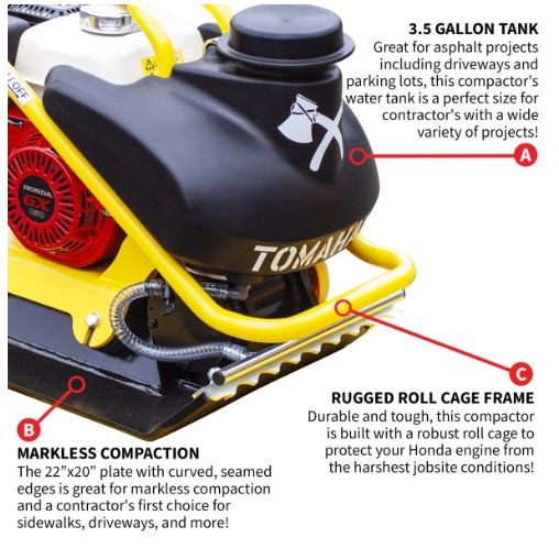 Tomahawk Power TPC90H Honda compactor equipment view with water tank and handle
