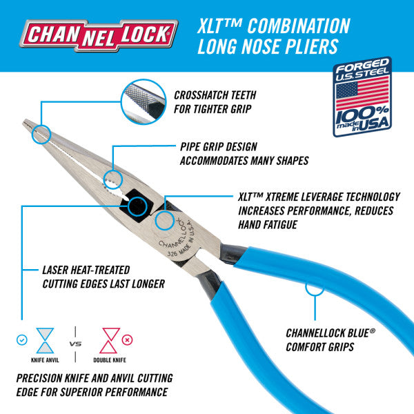 Channellock 326 6-INCH XLM COMBINATION LONG NOSE PLIERS WITH CUTTER