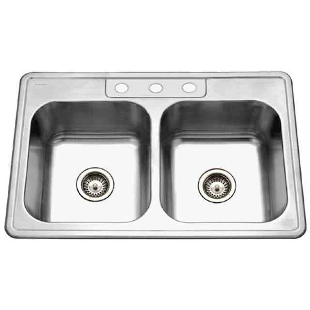 Houzer Glowtone Series 33" Stainless Steel Drop-in Topmount 50/50 3-hole Double Bowl Kitchen Sink - 3322-8BS3-1