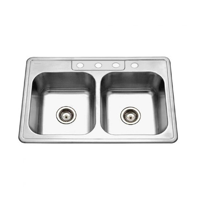 Houzer Glowtone Series 33" Stainless Steel Drop-in Topmount 50/50 4-hole Double Bowl Kitchen Sink with 8" Depth