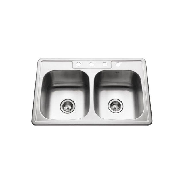 Houzer Glowtone Series 33" Stainless Steel Drop-in Topmount 4-hole Double Bowl Kitchen Sink with 9"