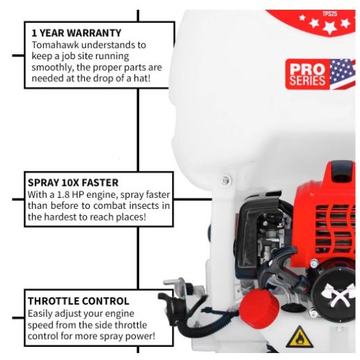 Tomahawk Power TPS25 backpack sprayer showing tank, engine, and foundation spray gun