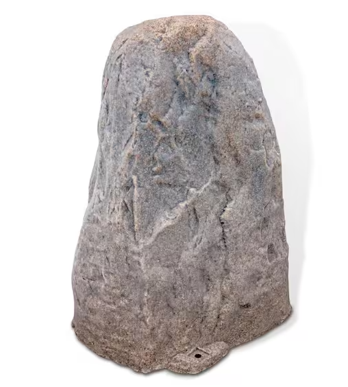 A textured gray stone replica or decorative rock sculpture, shown against a plain white background.