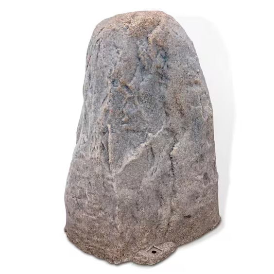A textured gray stone replica or decorative rock sculpture, shown against a plain white background.