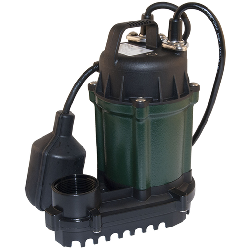Green and black submersible pump on a white background