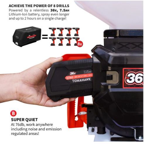 Tomahawk Power eTGS30 4-gallon backpack spreader product detail with battery-powered operation