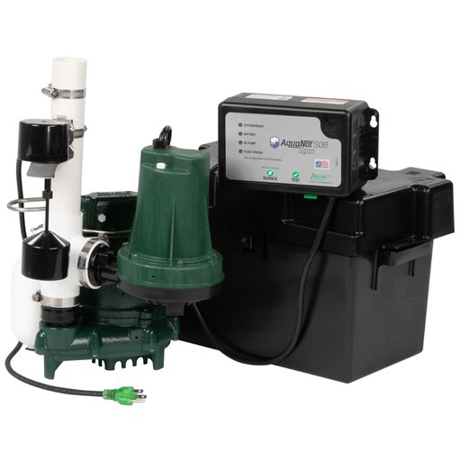 Pump system with green pump and black control box on a white background