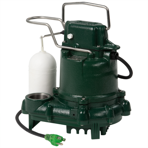 Green submersible pump with white float on a white background