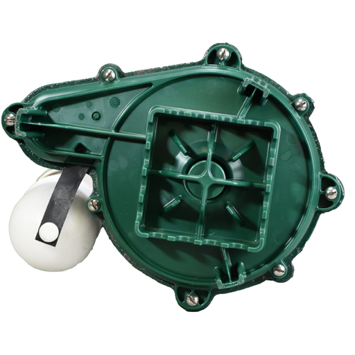 Green mechanical component with a white ball on a white background