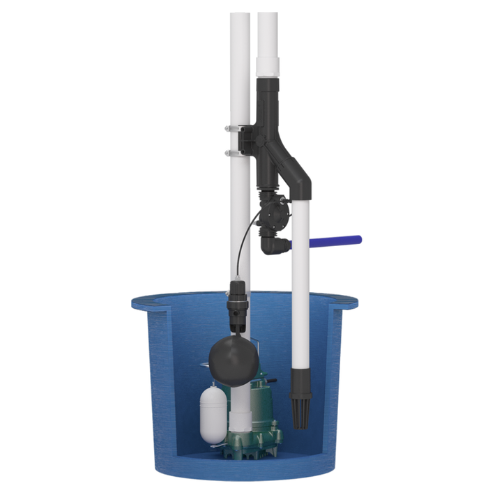 Sump pump system with blue tank, white and black components on a white background